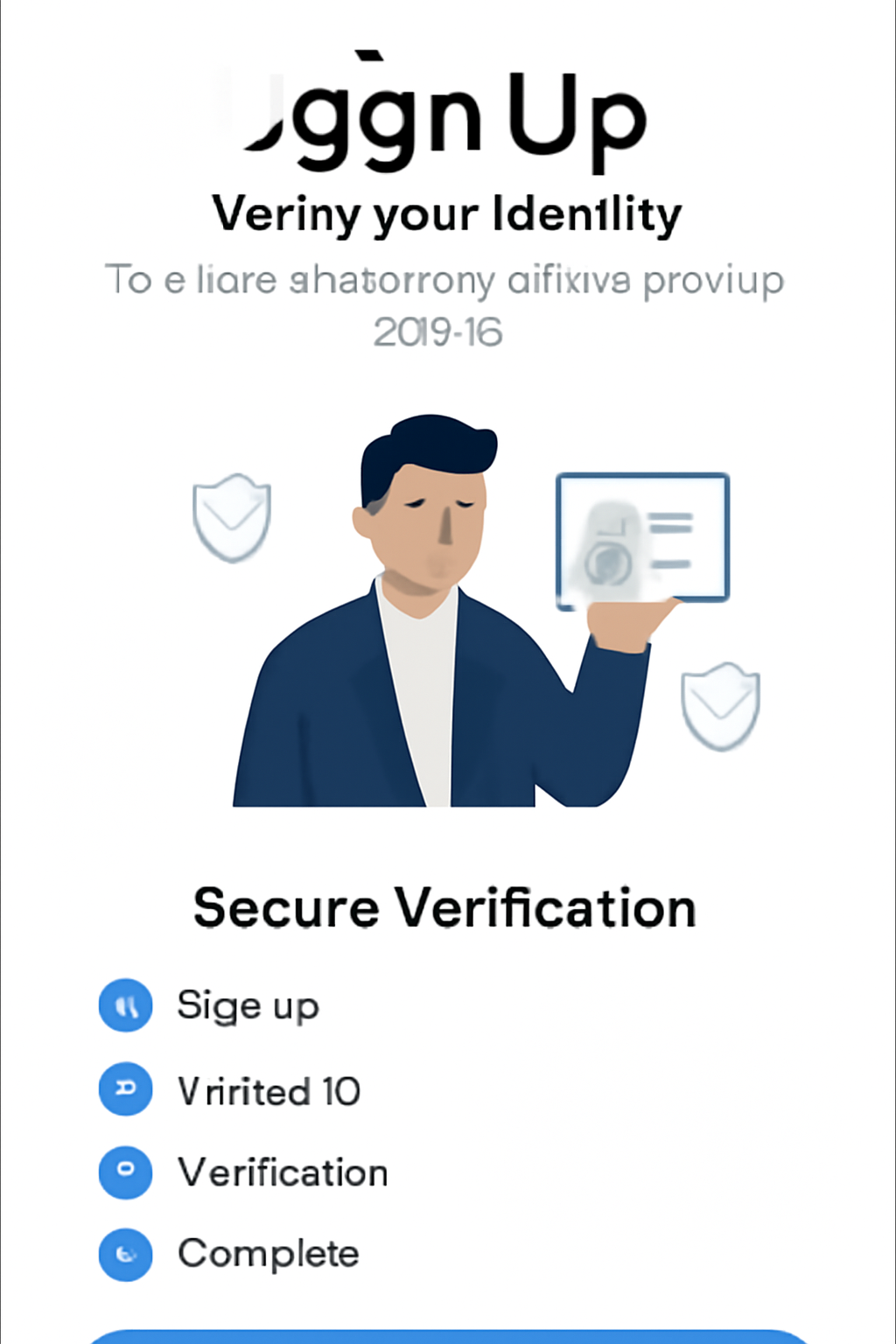 mobile app interface for user signup and ID upload, secure verification screen, professional banking style