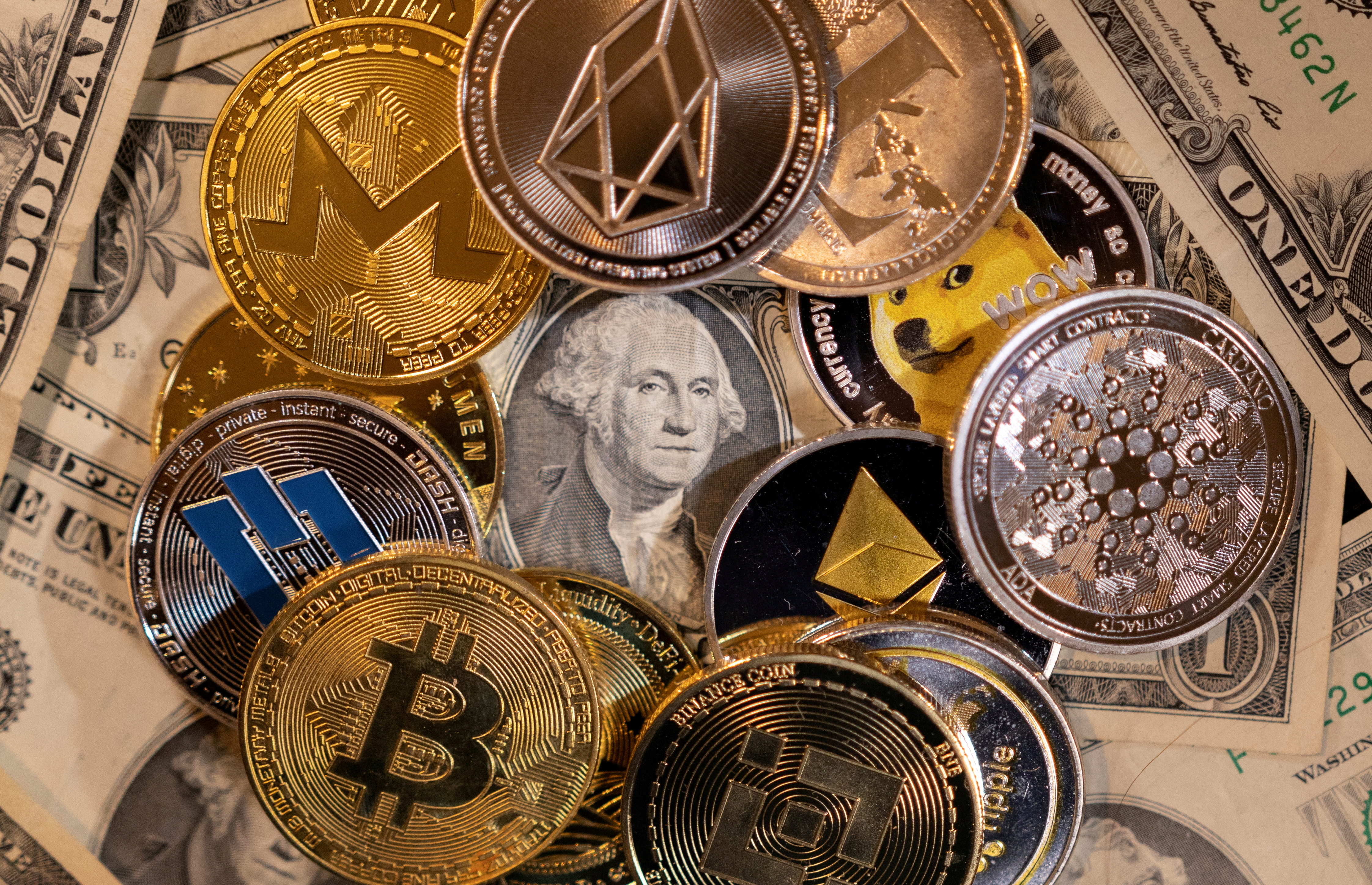 Sleek Tria Visa card surrounded by digital coins and a globe, representing global crypto payments and neobanking infrastructure