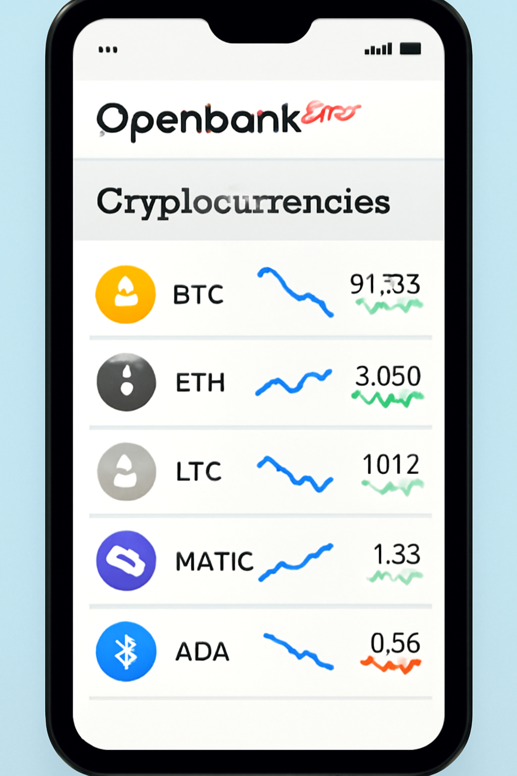 Openbank app crypto dashboard listing BTC ETH LTC MATIC ADA, charts and prices visible