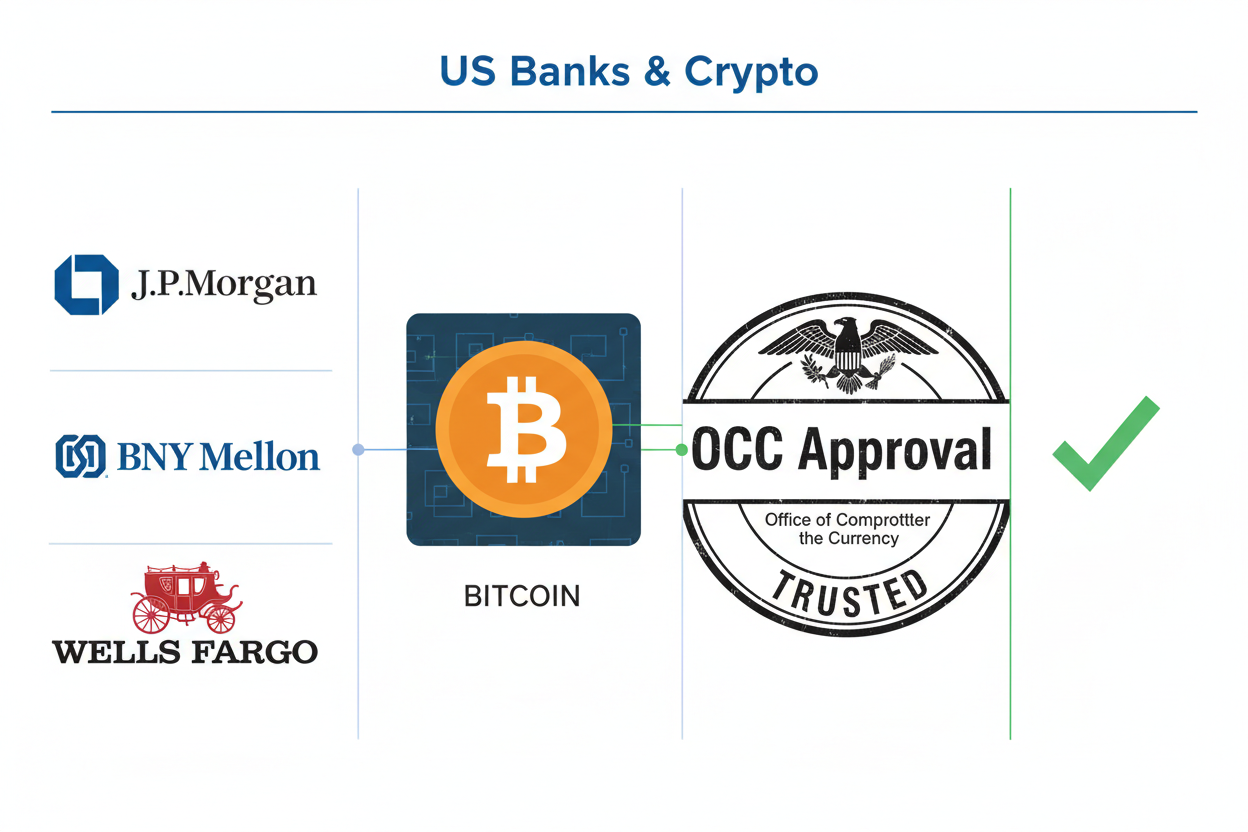 Top US banks logos including JPMorgan Chase, BNY Mellon, U.S. Bank, Wells Fargo, State Street, Citibank, Goldman Sachs with Bitcoin crypto symbols and OCC approval stamp for 2026 crypto custody services