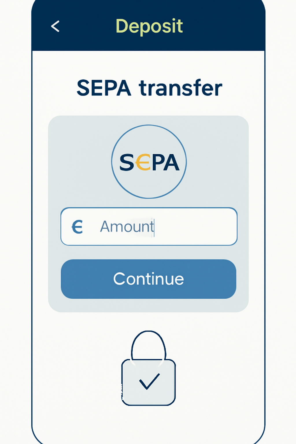 Openbank app deposit screen showing SEPA transfer options, euro symbols, secure banking interface