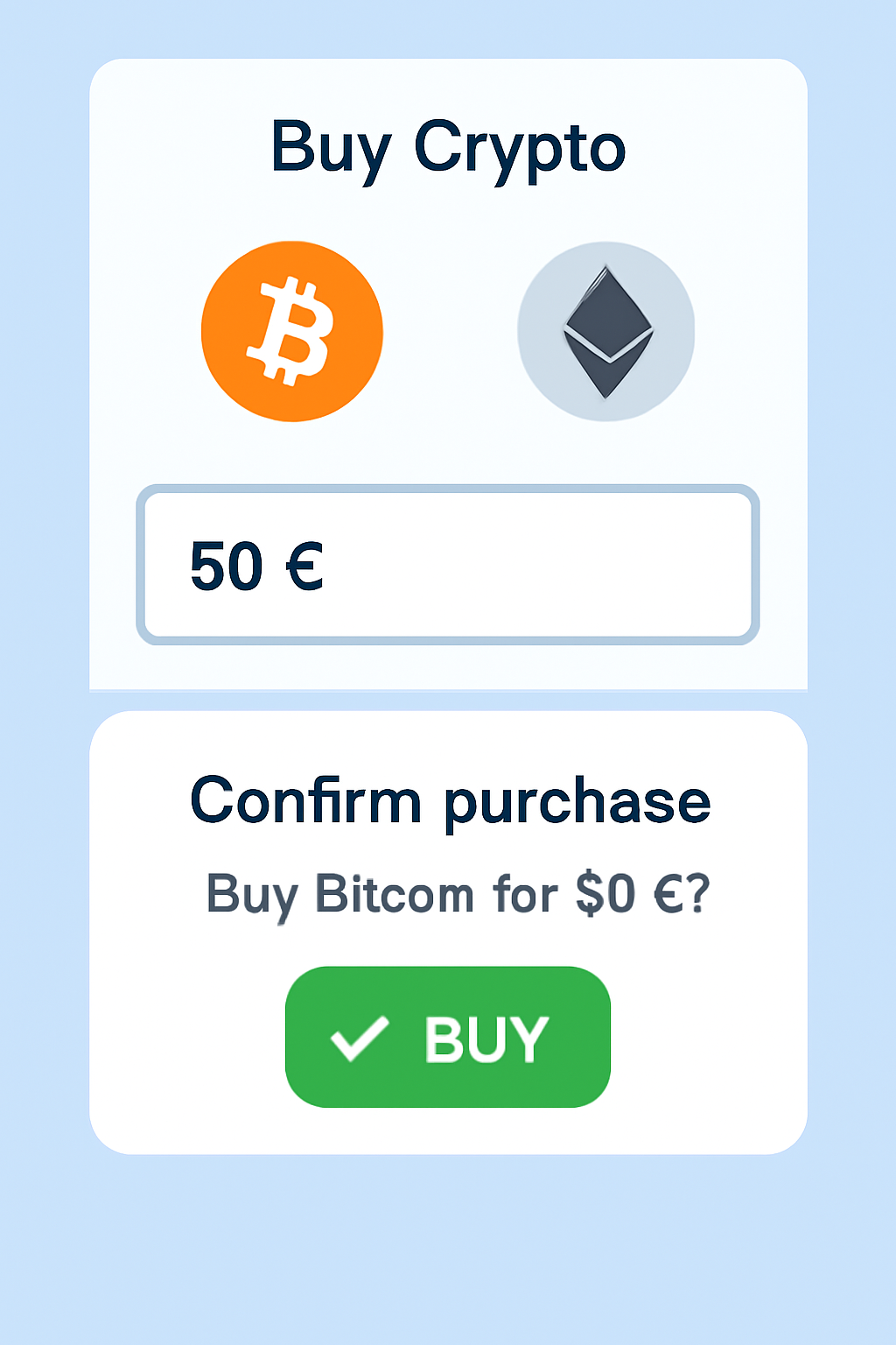 app screen buying Bitcoin or Ethereum with euro input, confirmation popup, green buy button