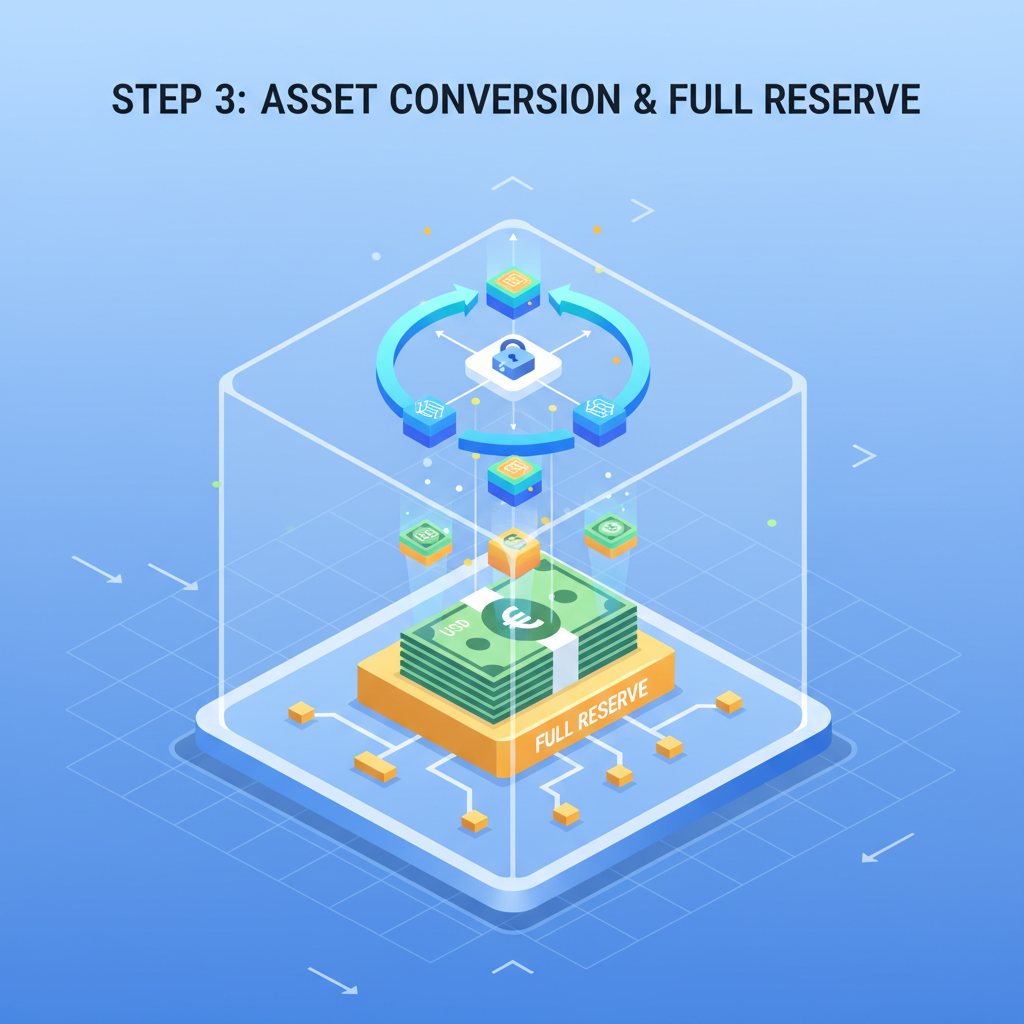 fiat cash transforming into blockchain tokens in a digital vault, full reserve backing visualization, modern fintech style