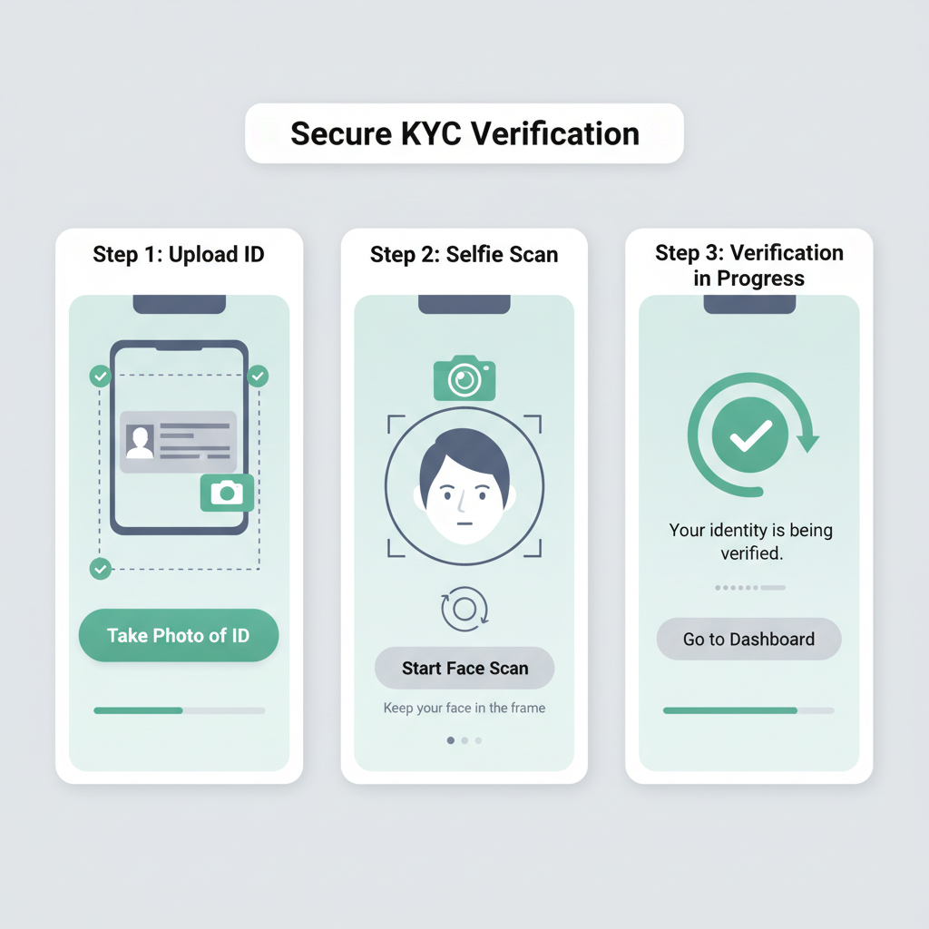 secure KYC verification interface with ID upload and selfie scan on mobile app