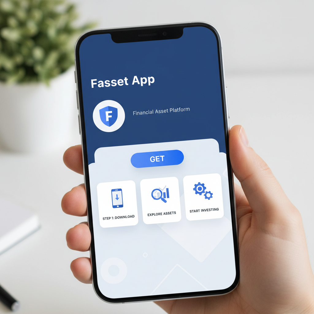 smartphone screen displaying Fasset app download from app store, clean modern UI