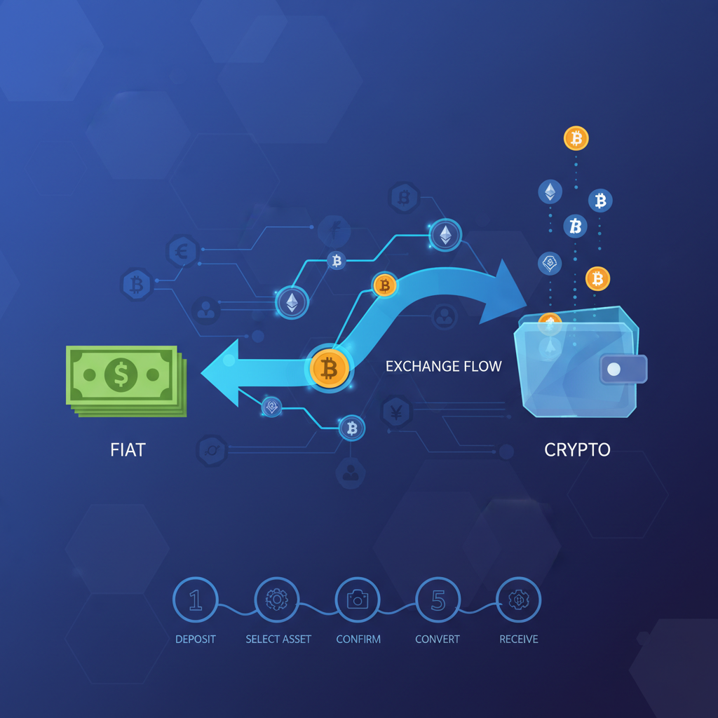 smooth arrow conversion from fiat dollars to crypto coins on blockchain, seamless exchange flow, elegant digital animation