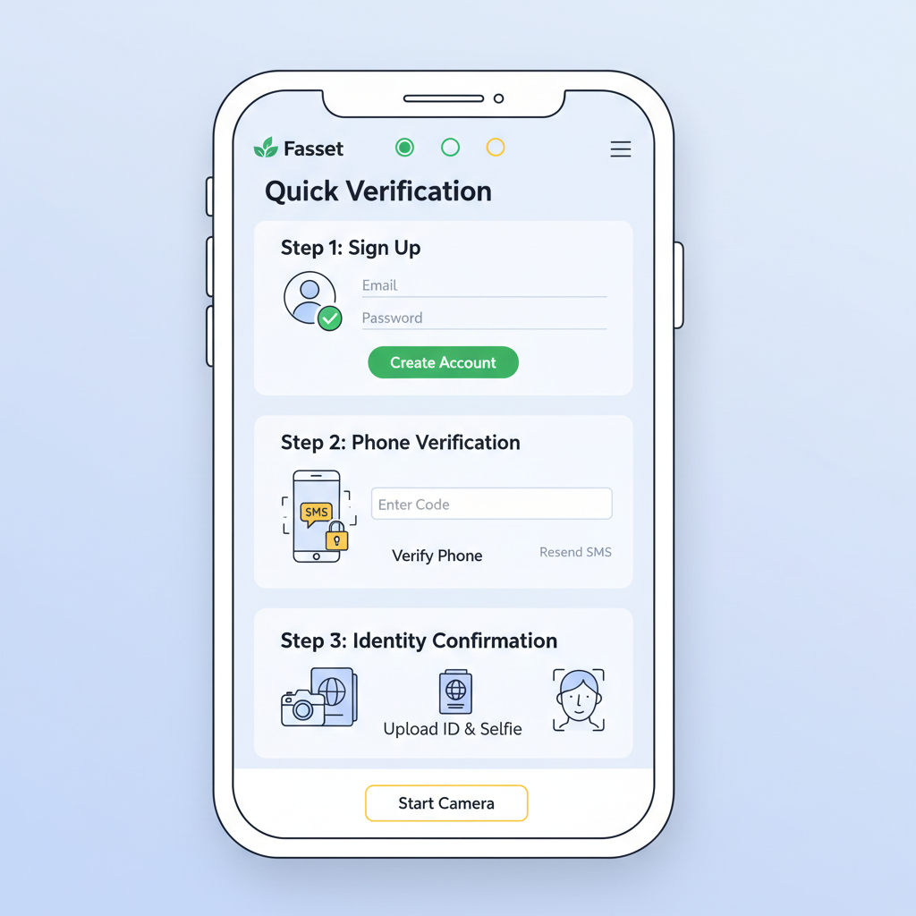 mobile phone screen with Fasset signup, quick verification process, clean app interface