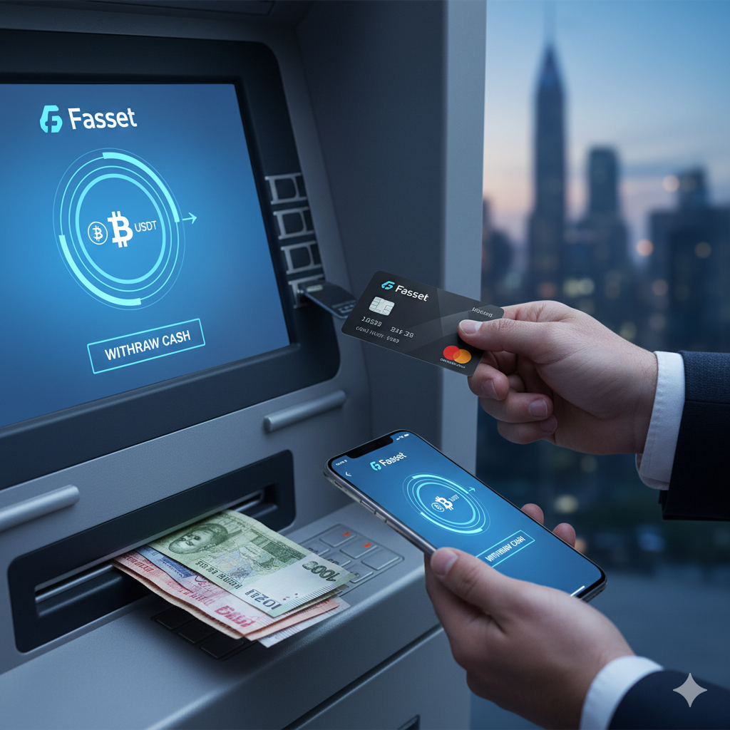 Fasset debit card in action showing virtual and physical prepaid cards with Apple Pay integration for global USDC and crypto spending