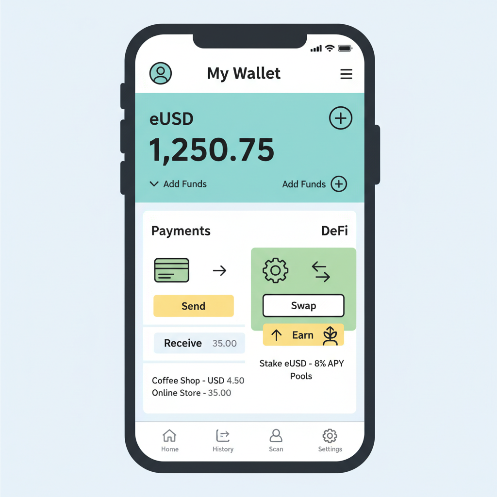 mobile wallet app with payment and DeFi options using eUSD